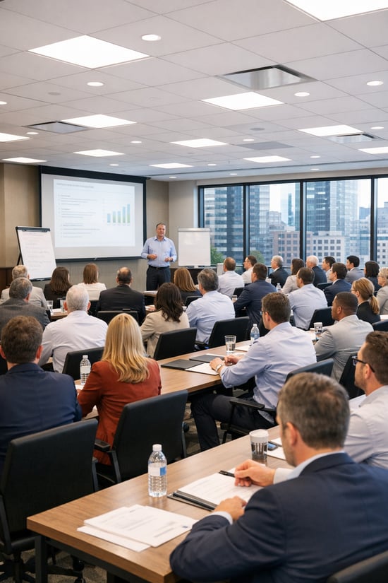 training workshop business people downtown 50+ people Good lighting professional setting
