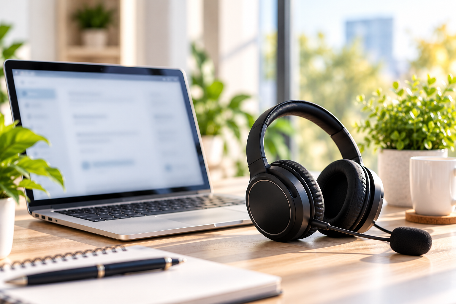 Casque audio sur bureau lumineux