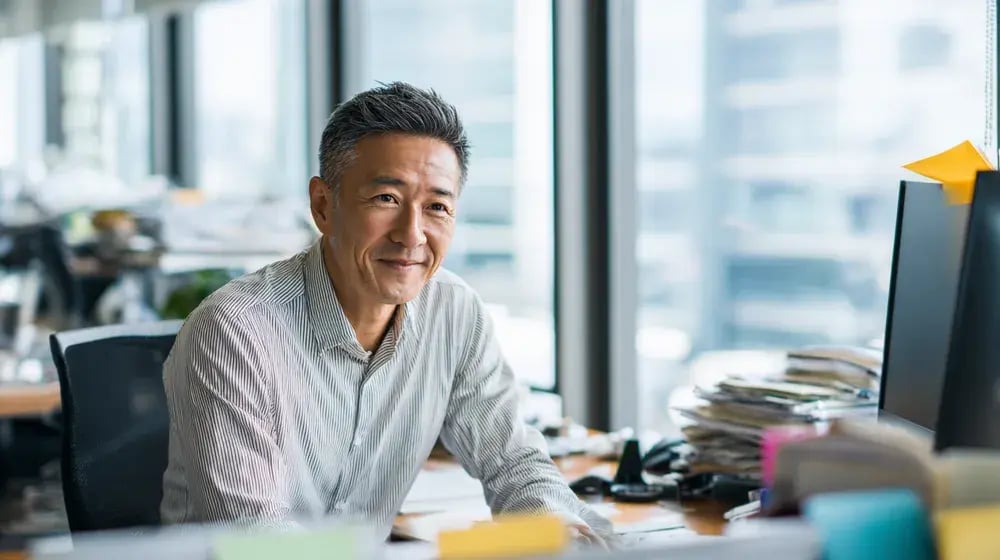 Un professionnel souriant à son bureau, devant son ordinateur