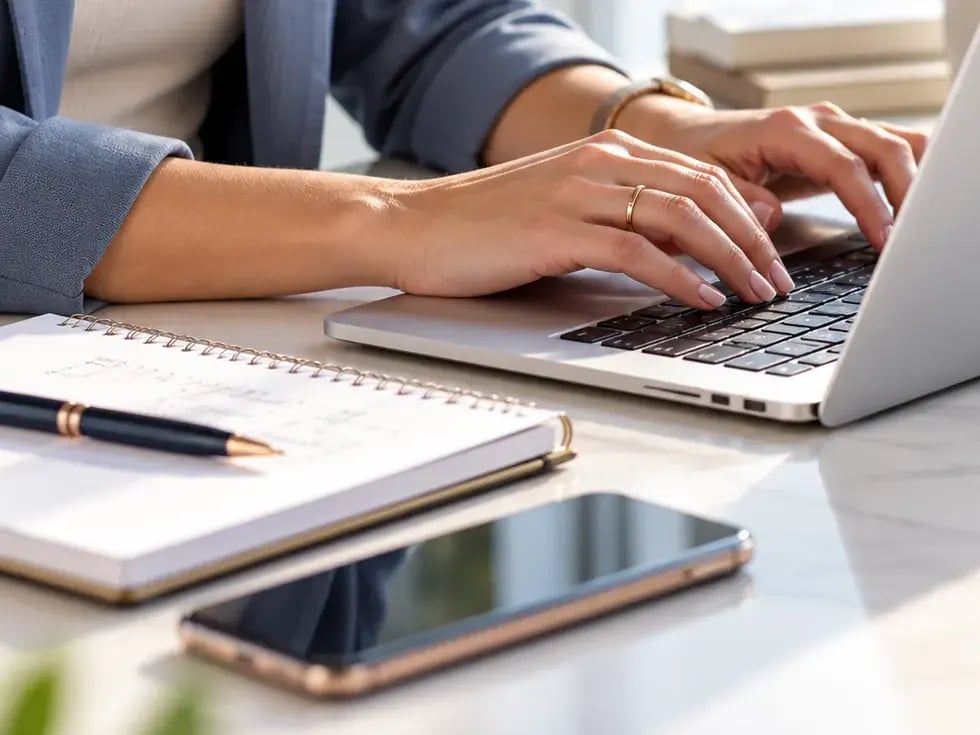 Mains d'une femme qui tape sur le clavier d'un ordinateur portable, à côté d'un carnet de notes ouvert, d'un stylo et d'un téléphone.