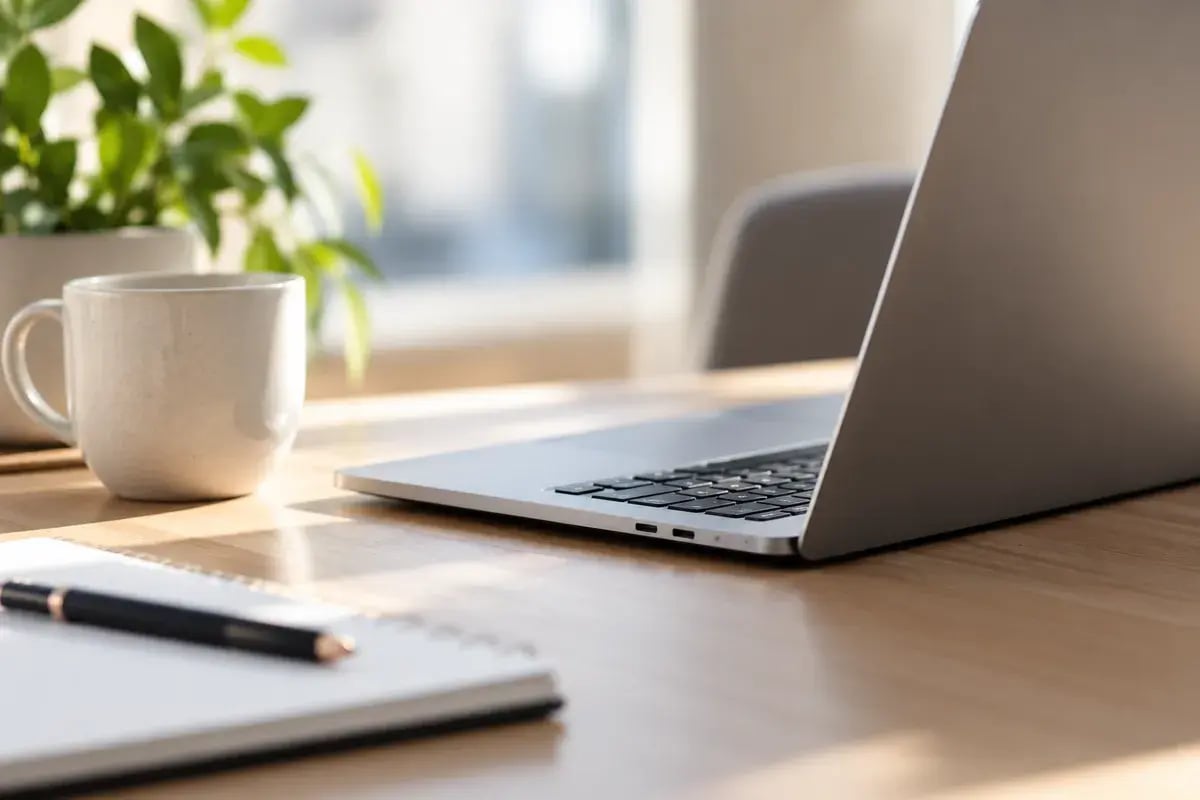 Un bureau lumineux avec une tasse, un carnet et un ordinateur portable